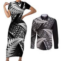 New Zealand Rugby Pacific Personalised Couples Matching Short Sleeve Bodycon Dress and Long Sleeve Button Shirt All Black Maori Pasifika Fern Pattern
