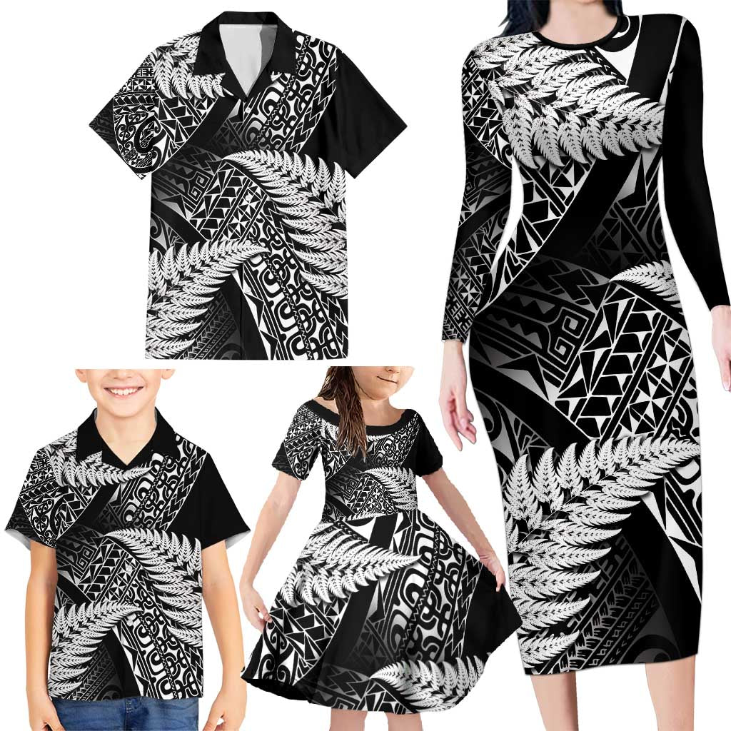 New Zealand Rugby Pacific Personalised Family Matching Long Sleeve Bodycon Dress and Hawaiian Shirt All Black Maori Pasifika Fern Pattern