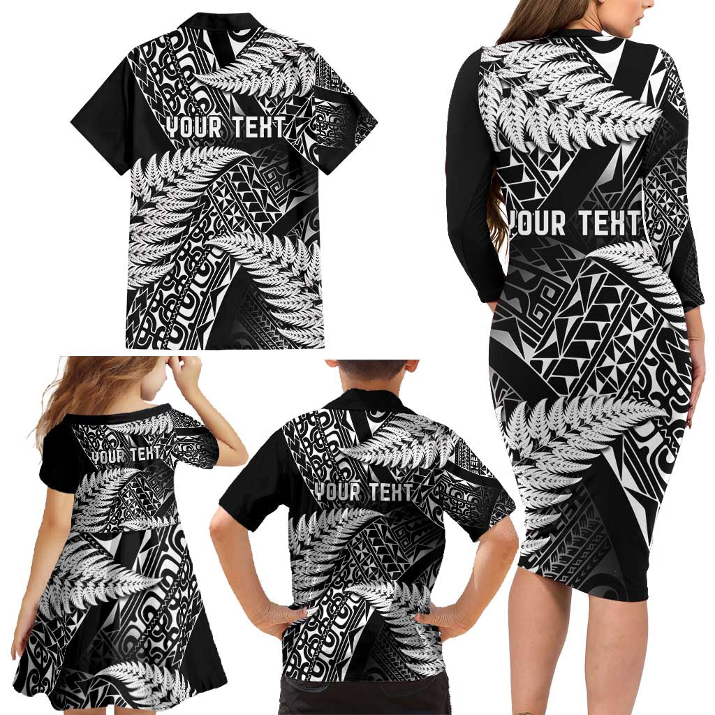 New Zealand Rugby Pacific Personalised Family Matching Long Sleeve Bodycon Dress and Hawaiian Shirt All Black Maori Pasifika Fern Pattern