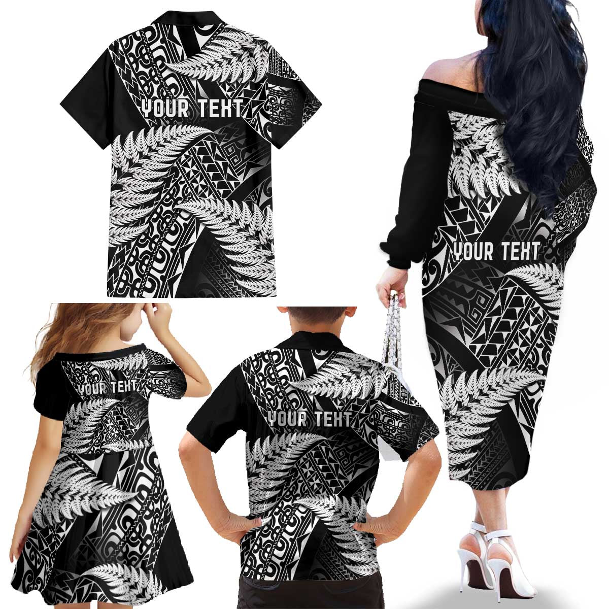New Zealand Rugby Pacific Personalised Family Matching Off The Shoulder Long Sleeve Dress and Hawaiian Shirt All Black Maori Pasifika Fern Pattern
