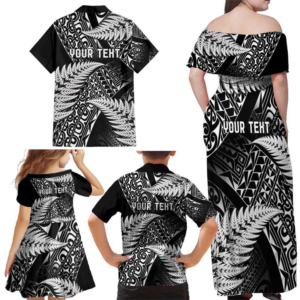 New Zealand Rugby Pacific Personalised Family Matching Off Shoulder Maxi Dress and Hawaiian Shirt All Black Maori Pasifika Fern Pattern