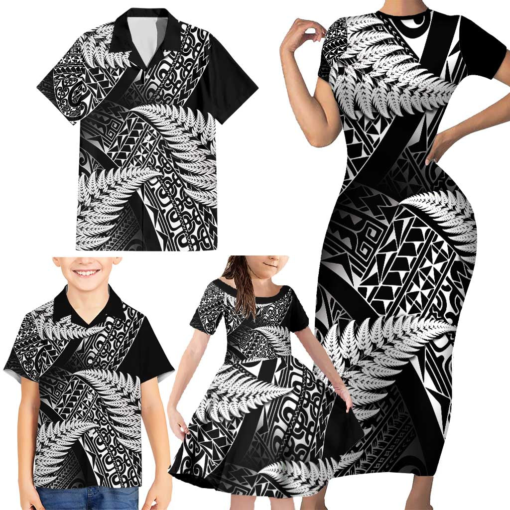 New Zealand Rugby Pacific Personalised Family Matching Short Sleeve Bodycon Dress and Hawaiian Shirt All Black Maori Pasifika Fern Pattern