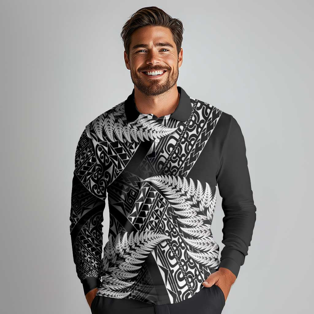 New Zealand Rugby Pacific Personalised Long Sleeve Polo Shirt All Black Maori Pasifika Fern Pattern