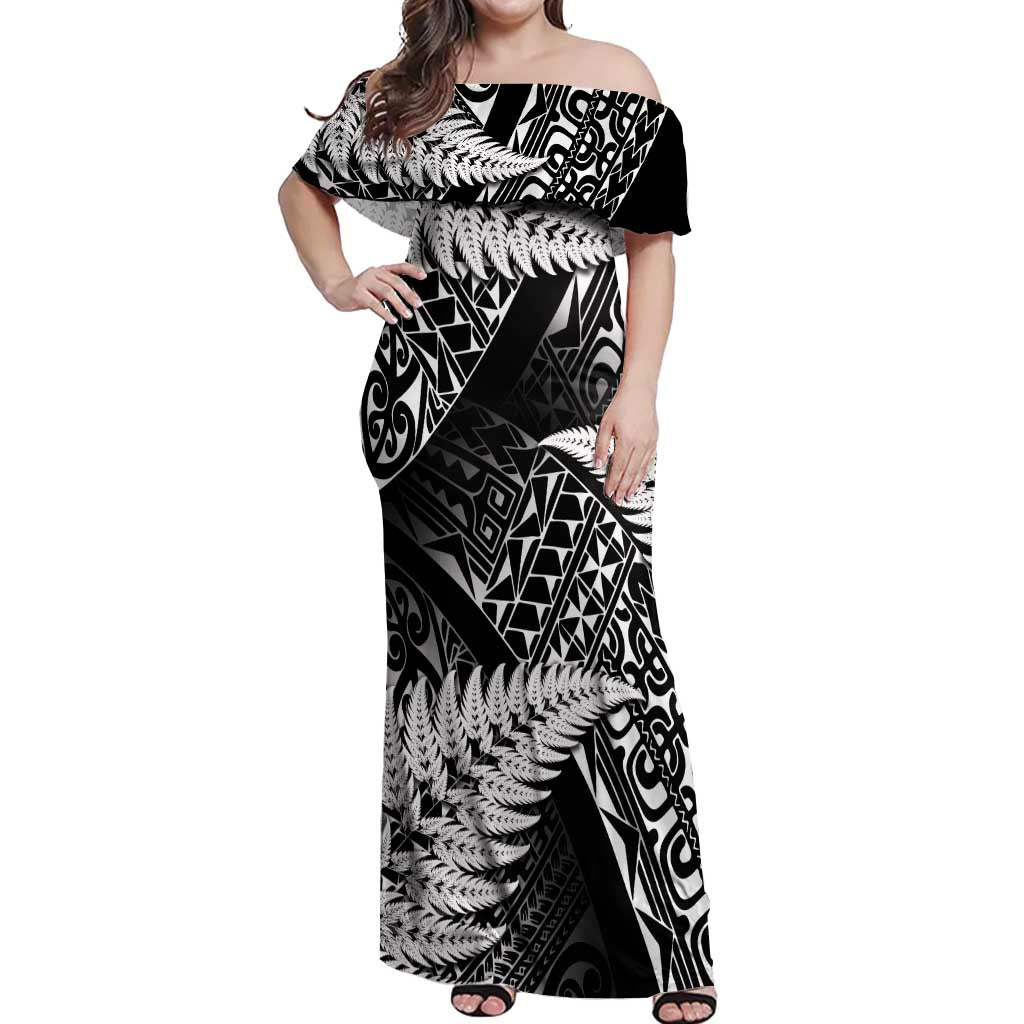New Zealand Rugby Pacific Personalised Off Shoulder Maxi Dress All Black Maori Pasifika Fern Pattern