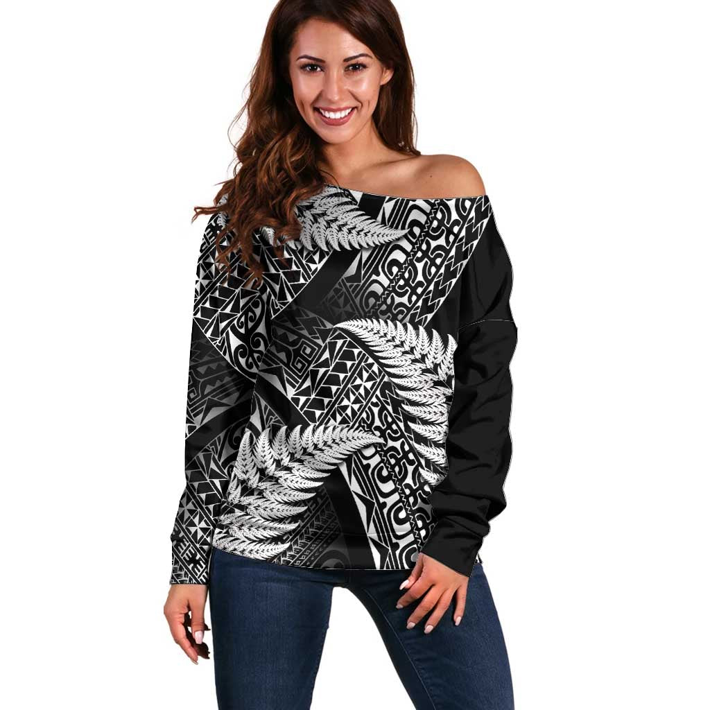 New Zealand Rugby Pacific Personalised Off Shoulder Sweater All Black Maori Pasifika Fern Pattern