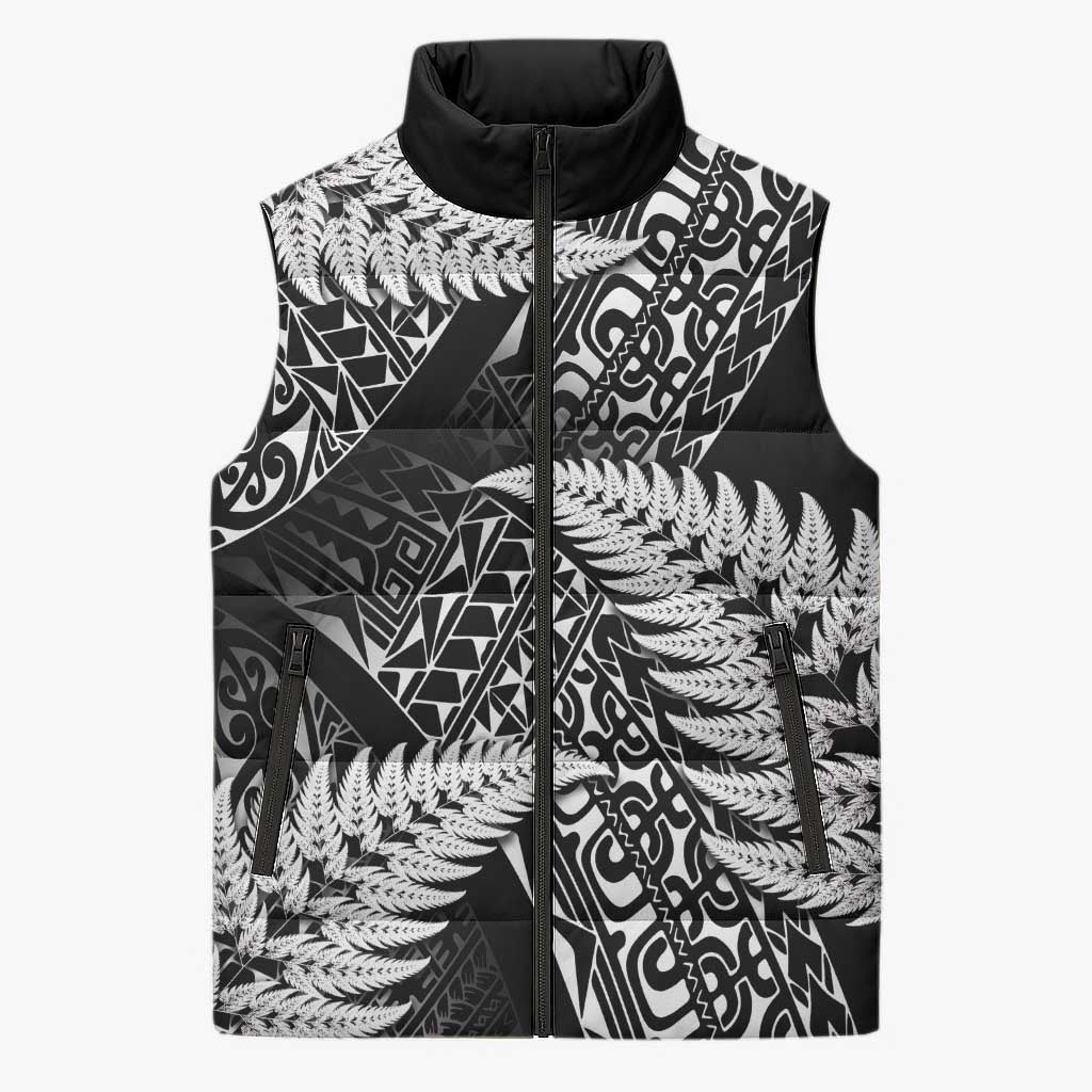 New Zealand Rugby Pacific Personalised Sleeveless Puffer Jacket All Black Maori Pasifika Fern Pattern - Polynesian Pride
