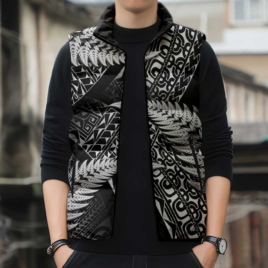 New Zealand Rugby Pacific Personalised Sleeveless Puffer Jacket All Black Maori Pasifika Fern Pattern - Polynesian Pride