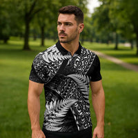 New Zealand Rugby Pacific Personalised Zipper Polo Shirt All Black Maori Pasifika Fern Pattern - Polynesian Pride