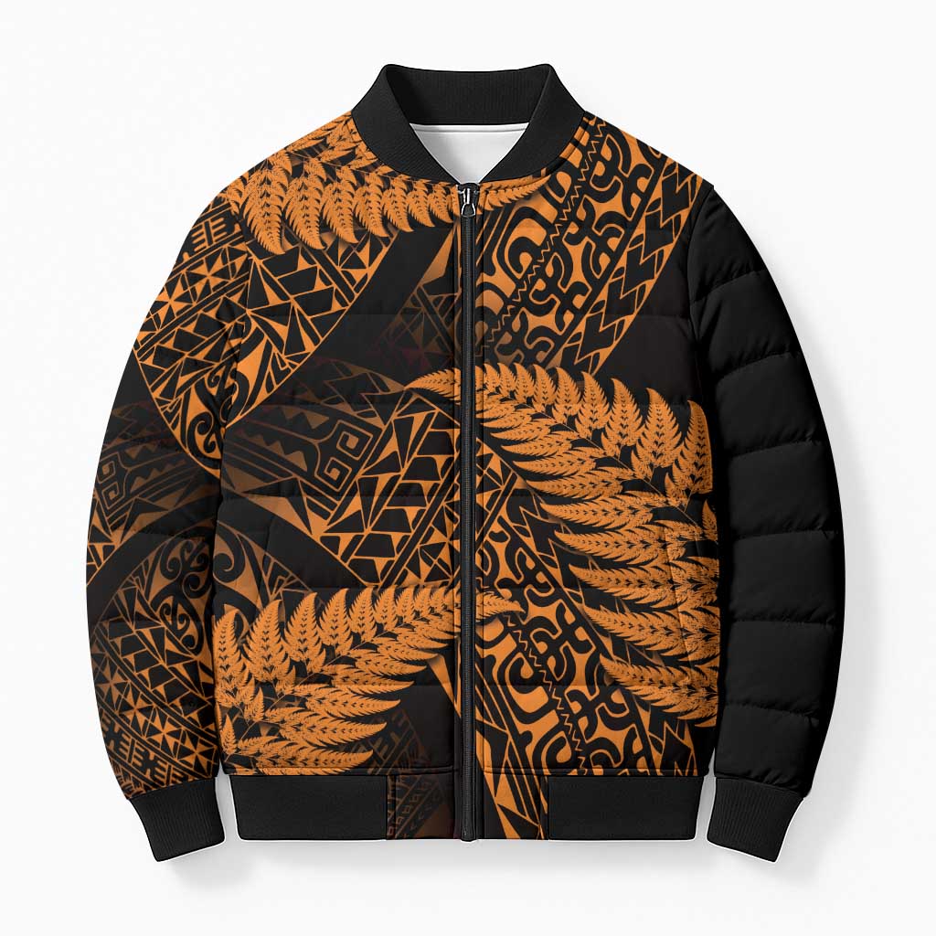 New Zealand Rugby Pacific Personalised Bomber Puffer Jacket All Gold Maori Pasifika Fern Pattern - Polynesian Pride