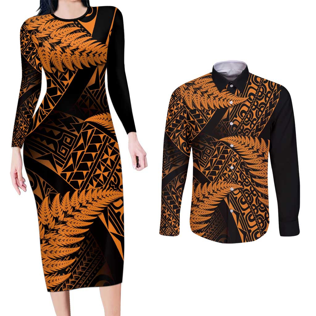 New Zealand Rugby Pacific Personalised Couples Matching Long Sleeve Bodycon Dress and Long Sleeve Button Shirt All Gold Maori Pasifika Fern Pattern