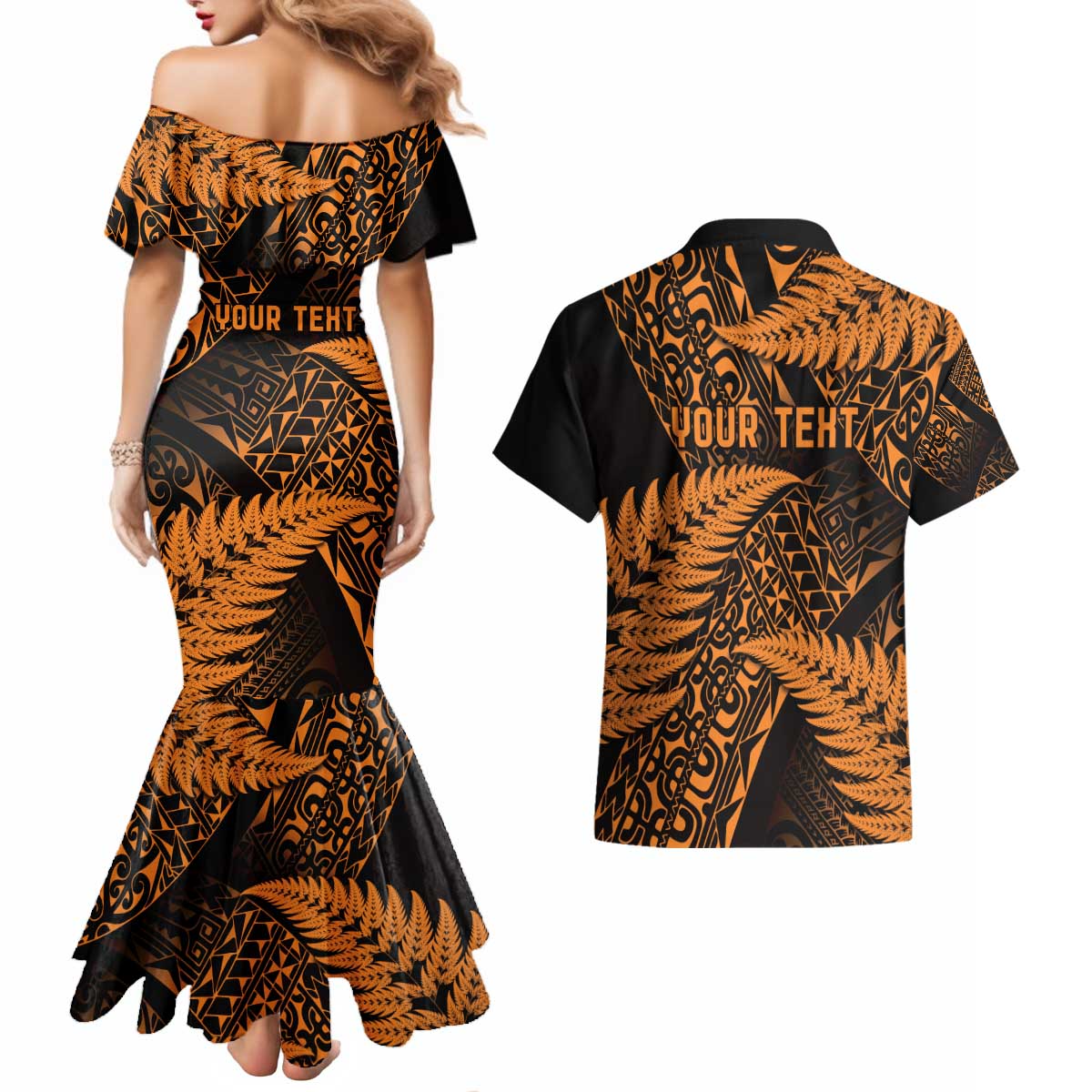 New Zealand Rugby Pacific Personalised Couples Matching Mermaid Dress and Hawaiian Shirt All Gold Maori Pasifika Fern Pattern