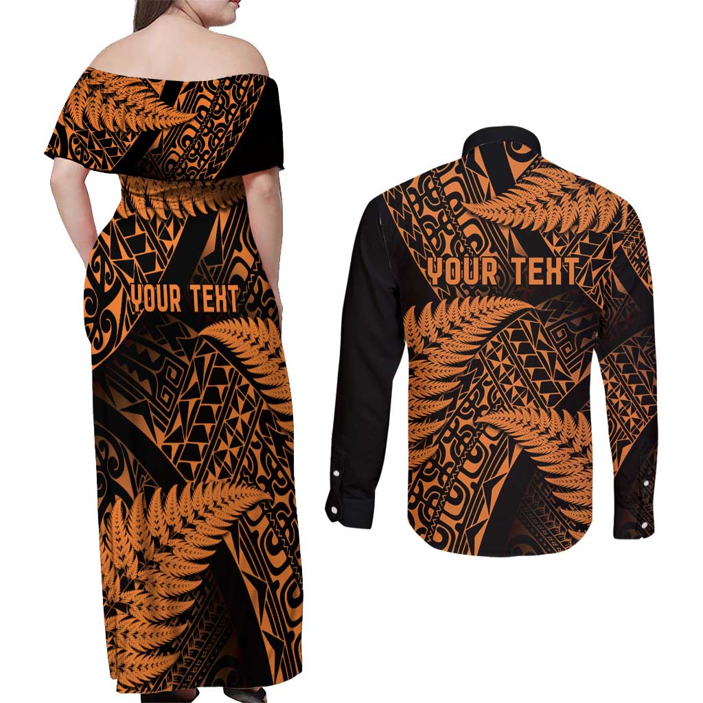 New Zealand Rugby Pacific Personalised Couples Matching Off Shoulder Maxi Dress and Long Sleeve Button Shirt All Gold Maori Pasifika Fern Pattern