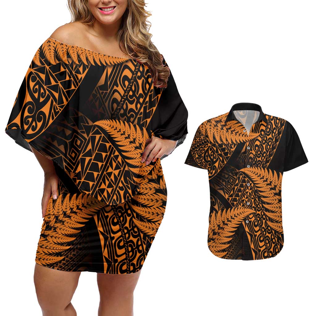 New Zealand Rugby Pacific Personalised Couples Matching Off Shoulder Short Dress and Hawaiian Shirt All Gold Maori Pasifika Fern Pattern
