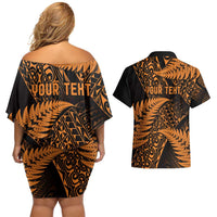 New Zealand Rugby Pacific Personalised Couples Matching Off Shoulder Short Dress and Hawaiian Shirt All Gold Maori Pasifika Fern Pattern