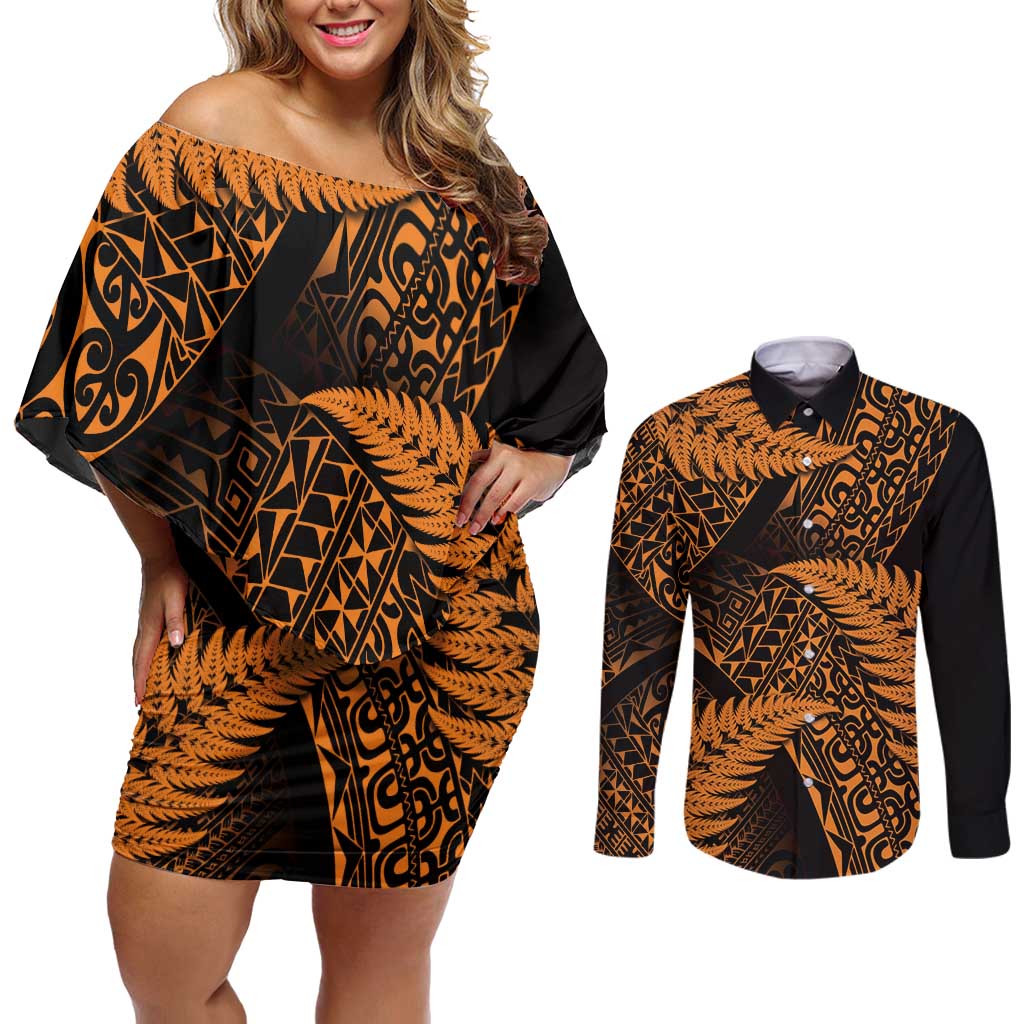 New Zealand Rugby Pacific Personalised Couples Matching Off Shoulder Short Dress and Long Sleeve Button Shirt All Gold Maori Pasifika Fern Pattern
