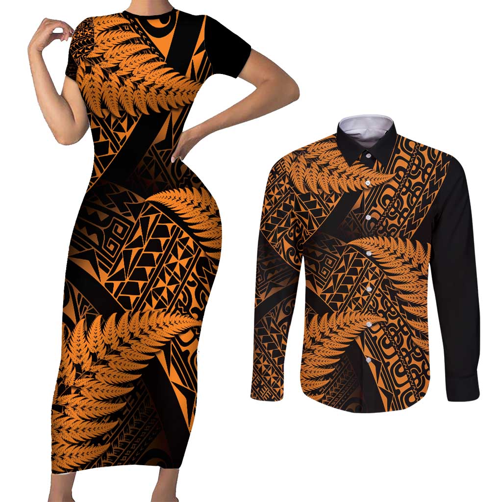 New Zealand Rugby Pacific Personalised Couples Matching Short Sleeve Bodycon Dress and Long Sleeve Button Shirt All Gold Maori Pasifika Fern Pattern