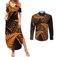 New Zealand Rugby Pacific Personalised Couples Matching Summer Maxi Dress and Long Sleeve Button Shirt All Gold Maori Pasifika Fern Pattern