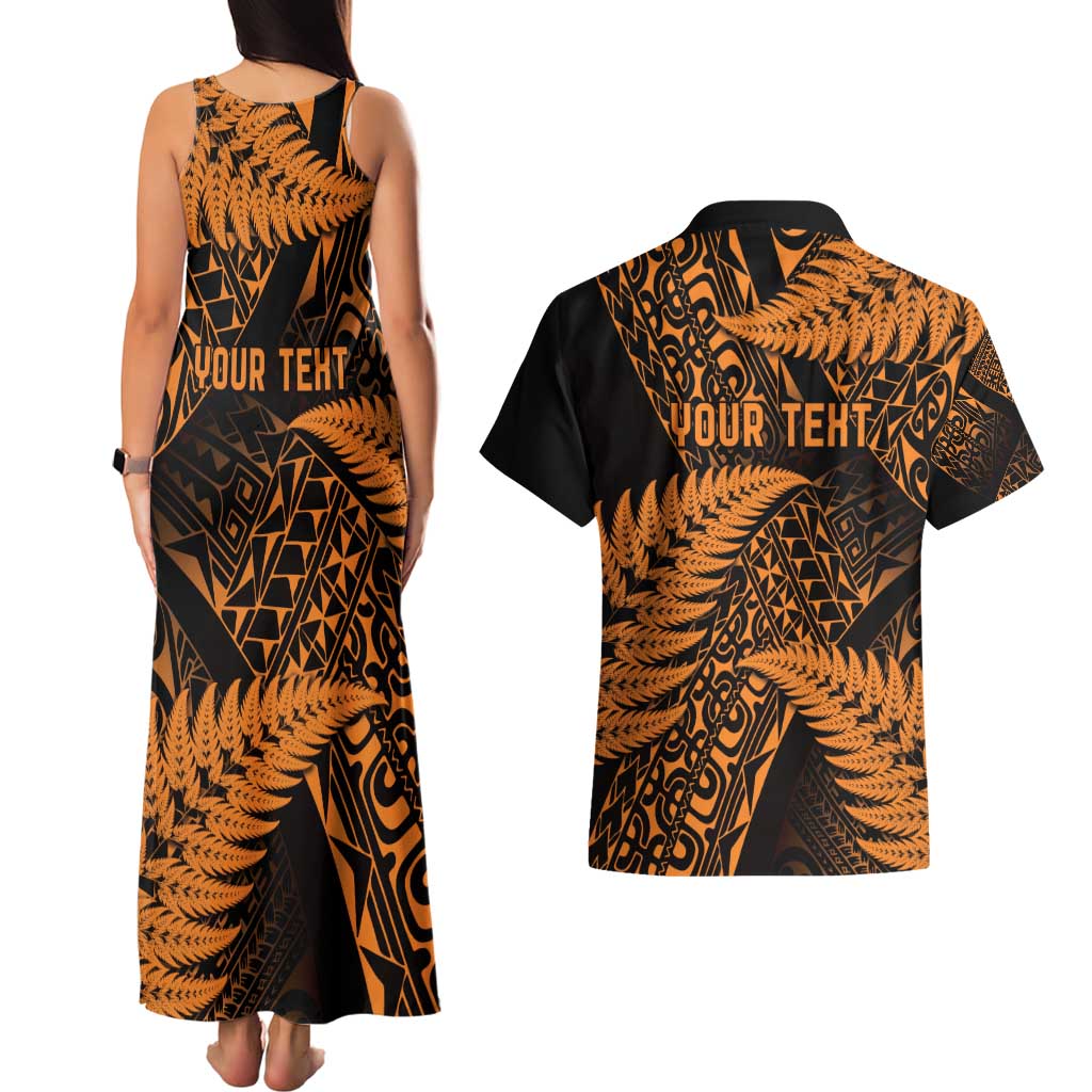 New Zealand Rugby Pacific Personalised Couples Matching Tank Maxi Dress and Hawaiian Shirt All Gold Maori Pasifika Fern Pattern