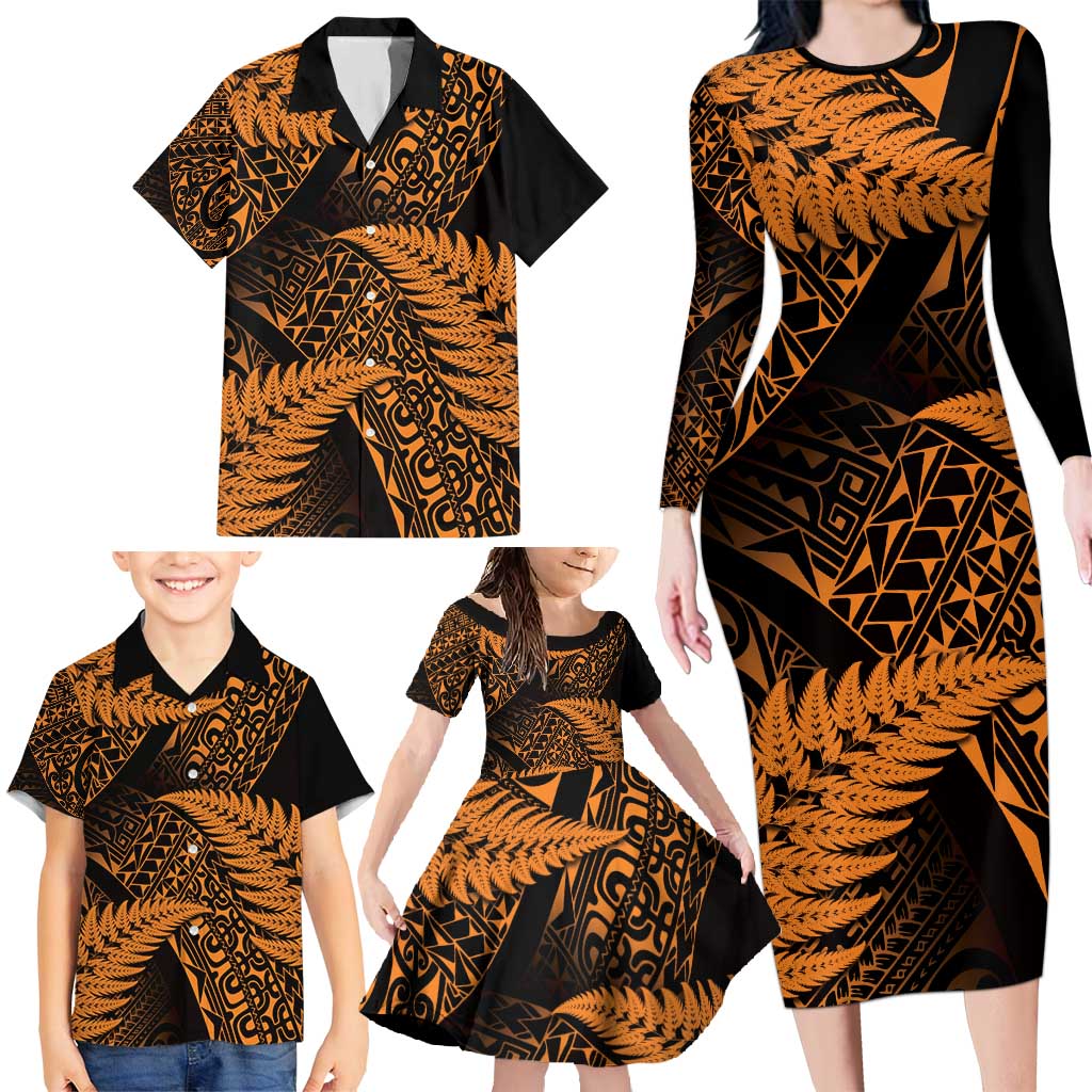 New Zealand Rugby Pacific Personalised Family Matching Long Sleeve Bodycon Dress and Hawaiian Shirt All Gold Maori Pasifika Fern Pattern