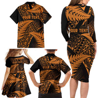 New Zealand Rugby Pacific Personalised Family Matching Long Sleeve Bodycon Dress and Hawaiian Shirt All Gold Maori Pasifika Fern Pattern