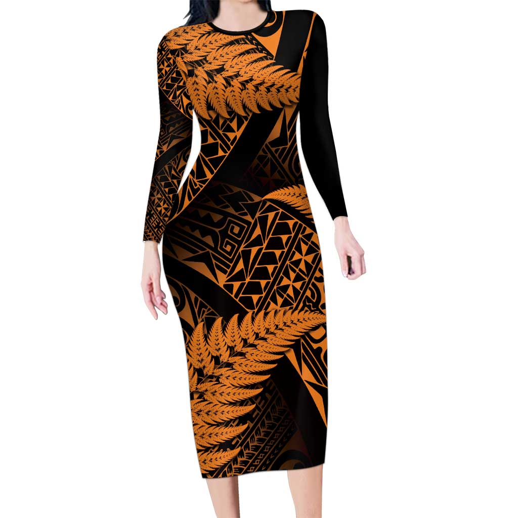 New Zealand Rugby Pacific Personalised Family Matching Long Sleeve Bodycon Dress and Hawaiian Shirt All Gold Maori Pasifika Fern Pattern