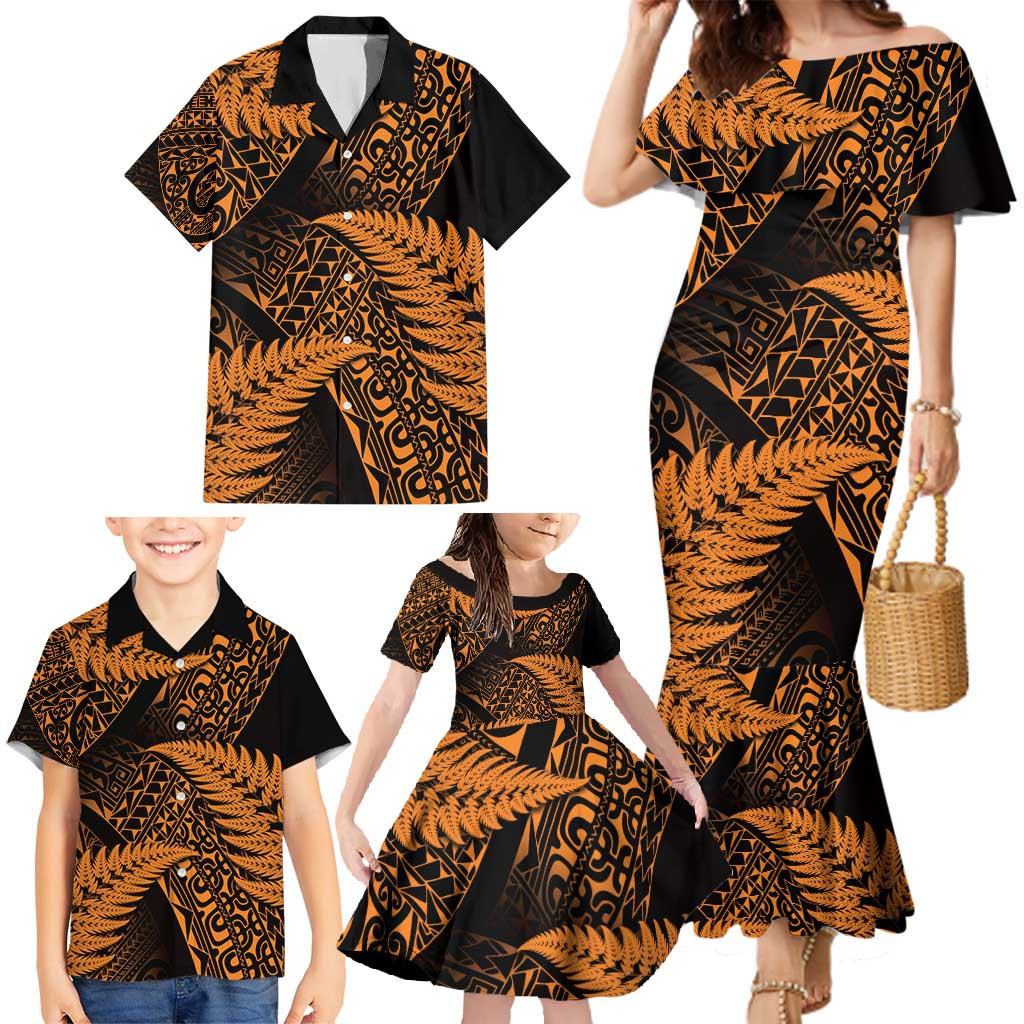 New Zealand Rugby Pacific Personalised Family Matching Mermaid Dress and Hawaiian Shirt All Gold Maori Pasifika Fern Pattern