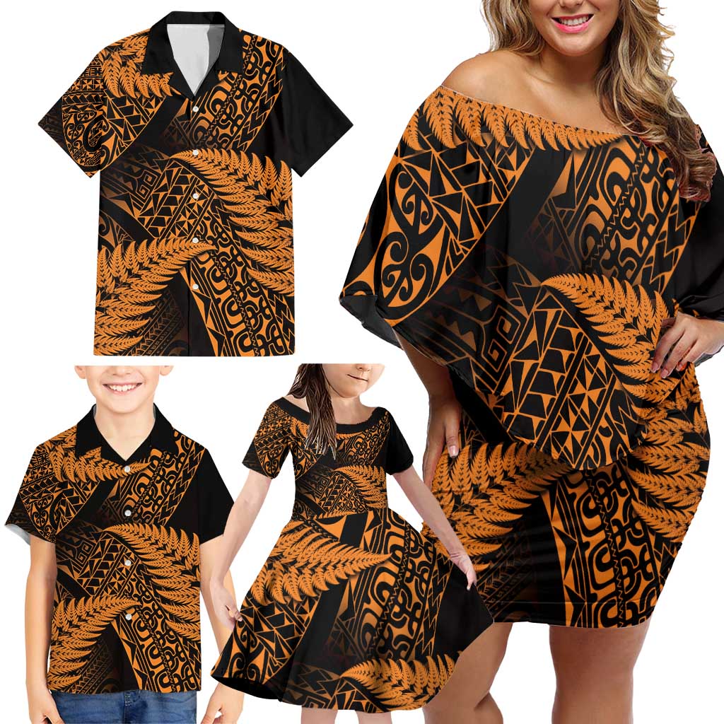 New Zealand Rugby Pacific Personalised Family Matching Off Shoulder Short Dress and Hawaiian Shirt All Gold Maori Pasifika Fern Pattern