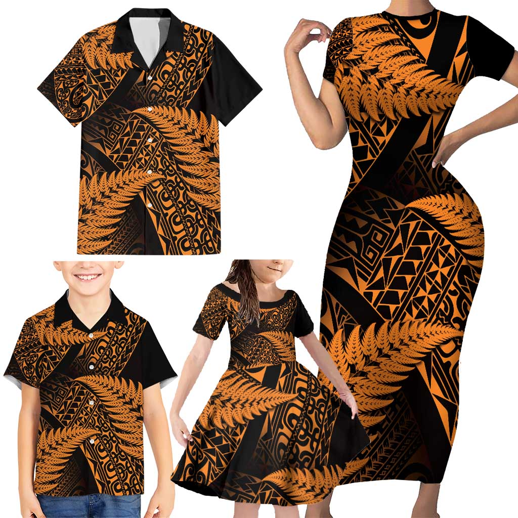 New Zealand Rugby Pacific Personalised Family Matching Short Sleeve Bodycon Dress and Hawaiian Shirt All Gold Maori Pasifika Fern Pattern