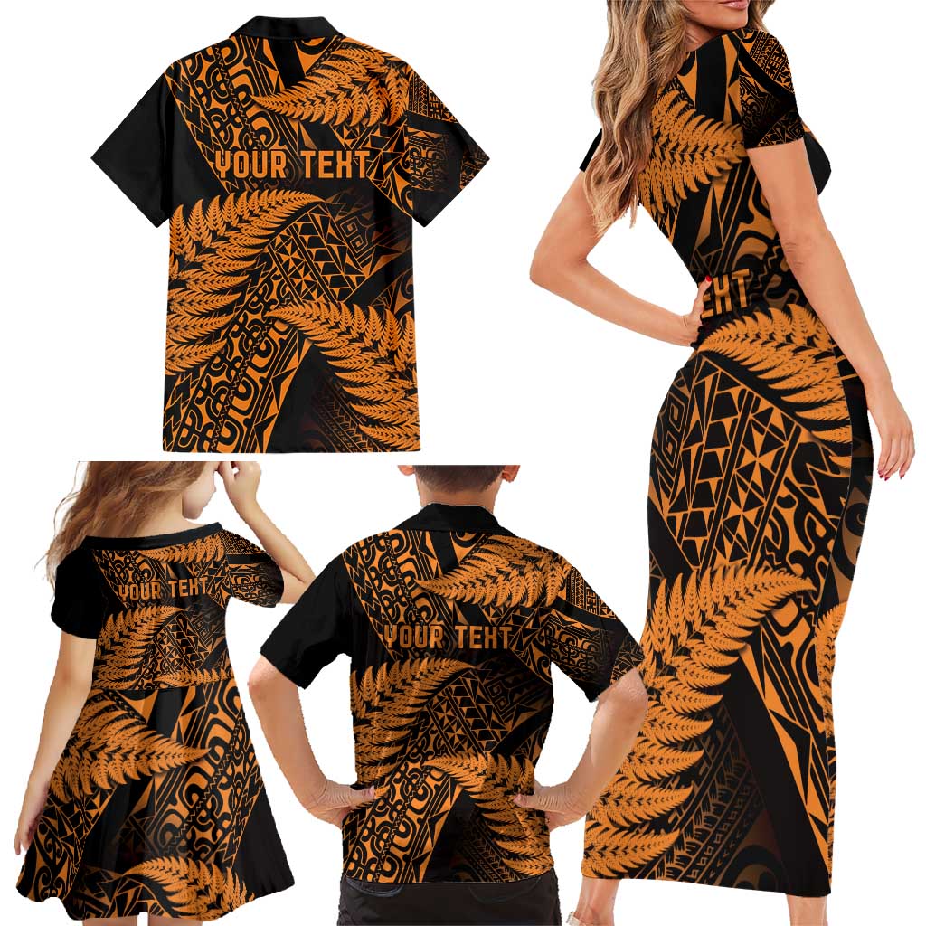 New Zealand Rugby Pacific Personalised Family Matching Short Sleeve Bodycon Dress and Hawaiian Shirt All Gold Maori Pasifika Fern Pattern