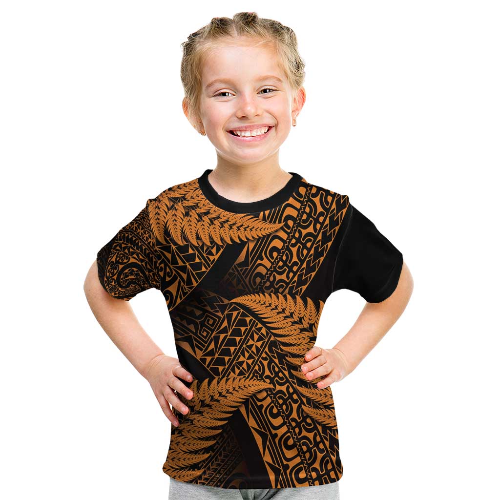 New Zealand Rugby Pacific Personalised Kid T Shirt All Gold Maori Pasifika Fern Pattern