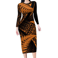 New Zealand Rugby Pacific Personalised Long Sleeve Bodycon Dress All Gold Maori Pasifika Fern Pattern
