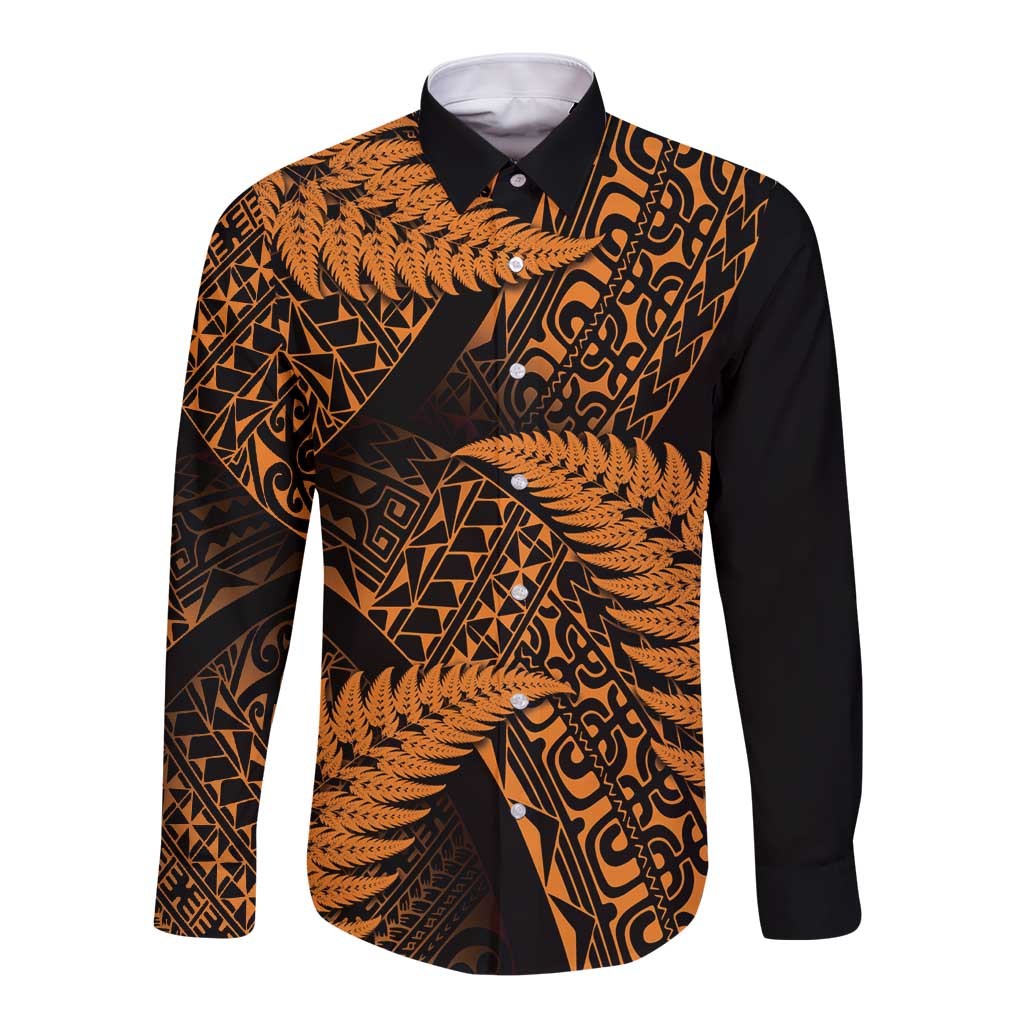 New Zealand Rugby Pacific Personalised Long Sleeve Button Shirt All Gold Maori Pasifika Fern Pattern
