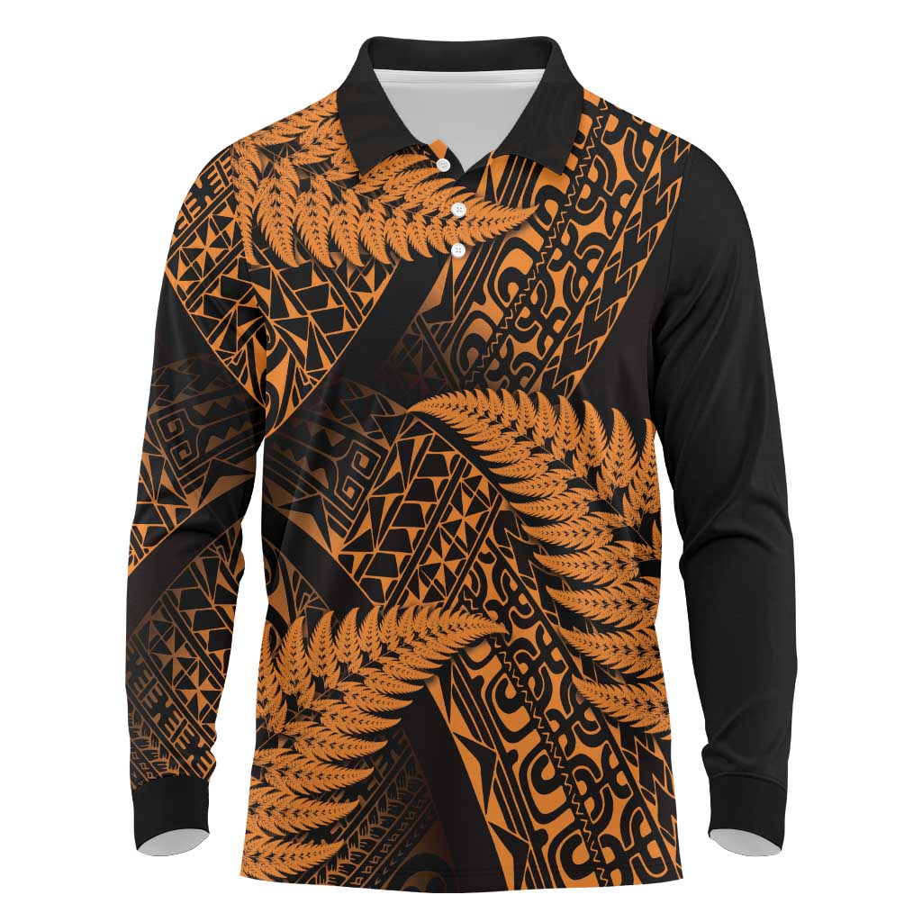New Zealand Rugby Pacific Personalised Long Sleeve Polo Shirt All Gold Maori Pasifika Fern Pattern