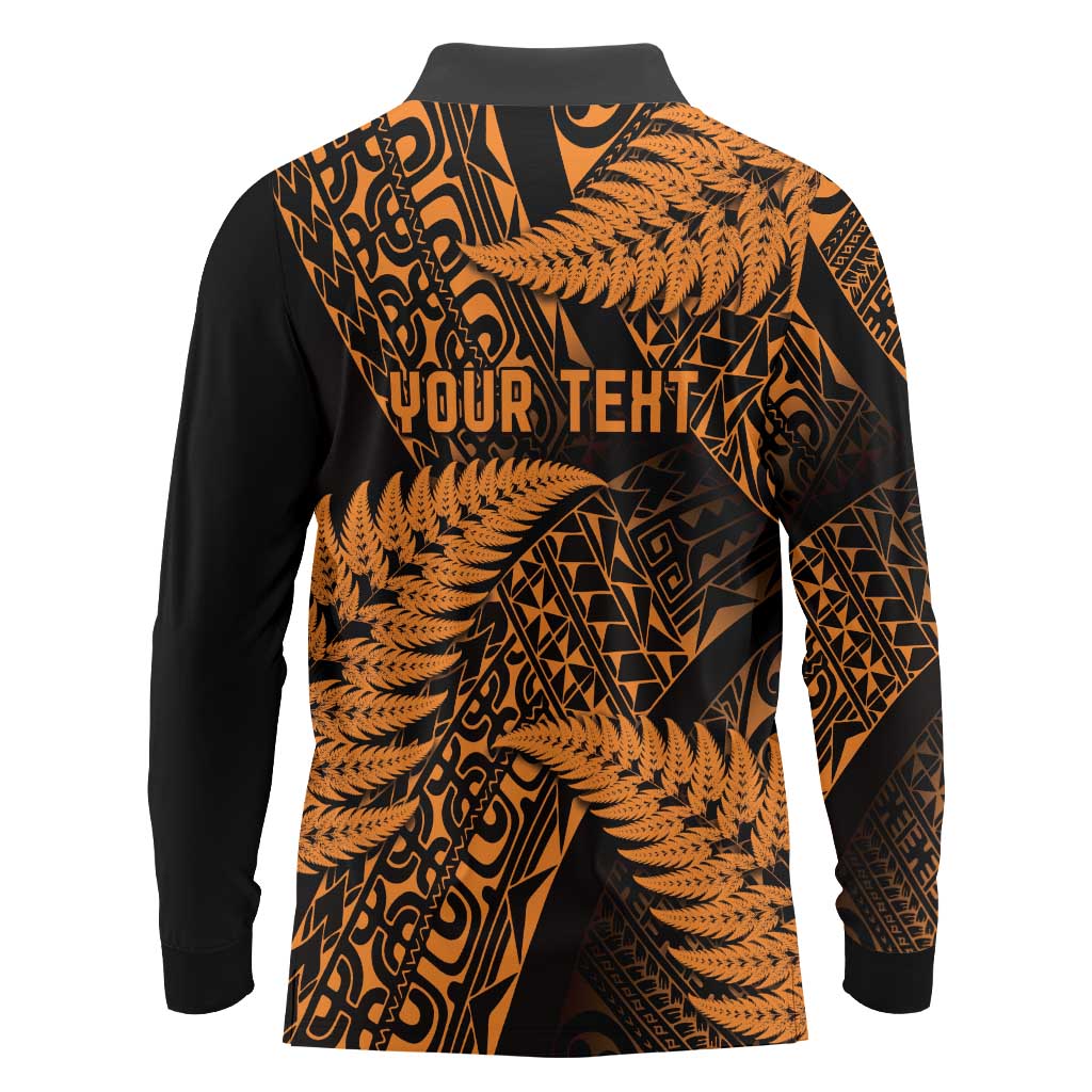 New Zealand Rugby Pacific Personalised Long Sleeve Polo Shirt All Gold Maori Pasifika Fern Pattern
