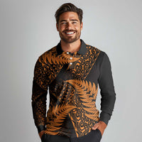 New Zealand Rugby Pacific Personalised Long Sleeve Polo Shirt All Gold Maori Pasifika Fern Pattern