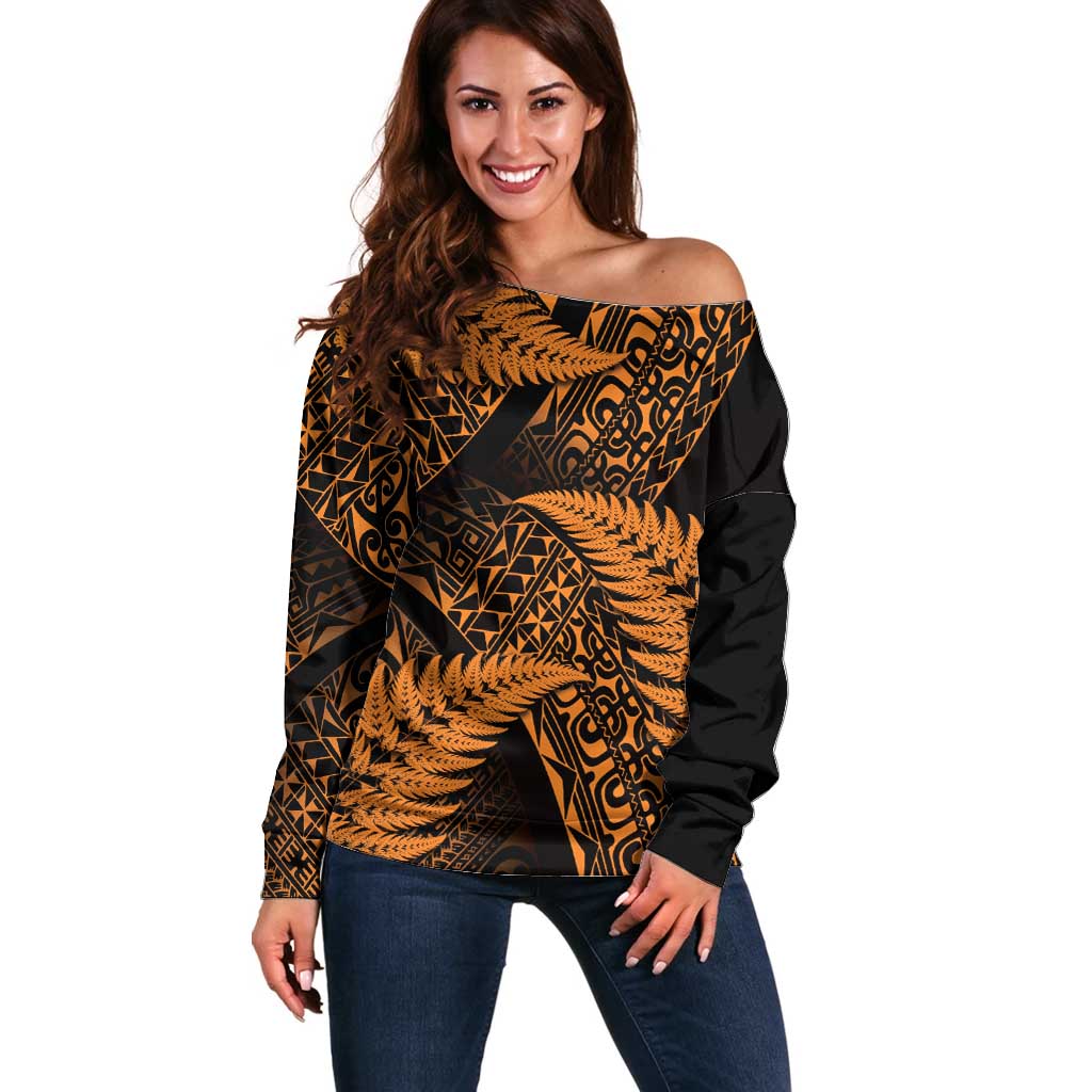 New Zealand Rugby Pacific Personalised Off Shoulder Sweater All Gold Maori Pasifika Fern Pattern