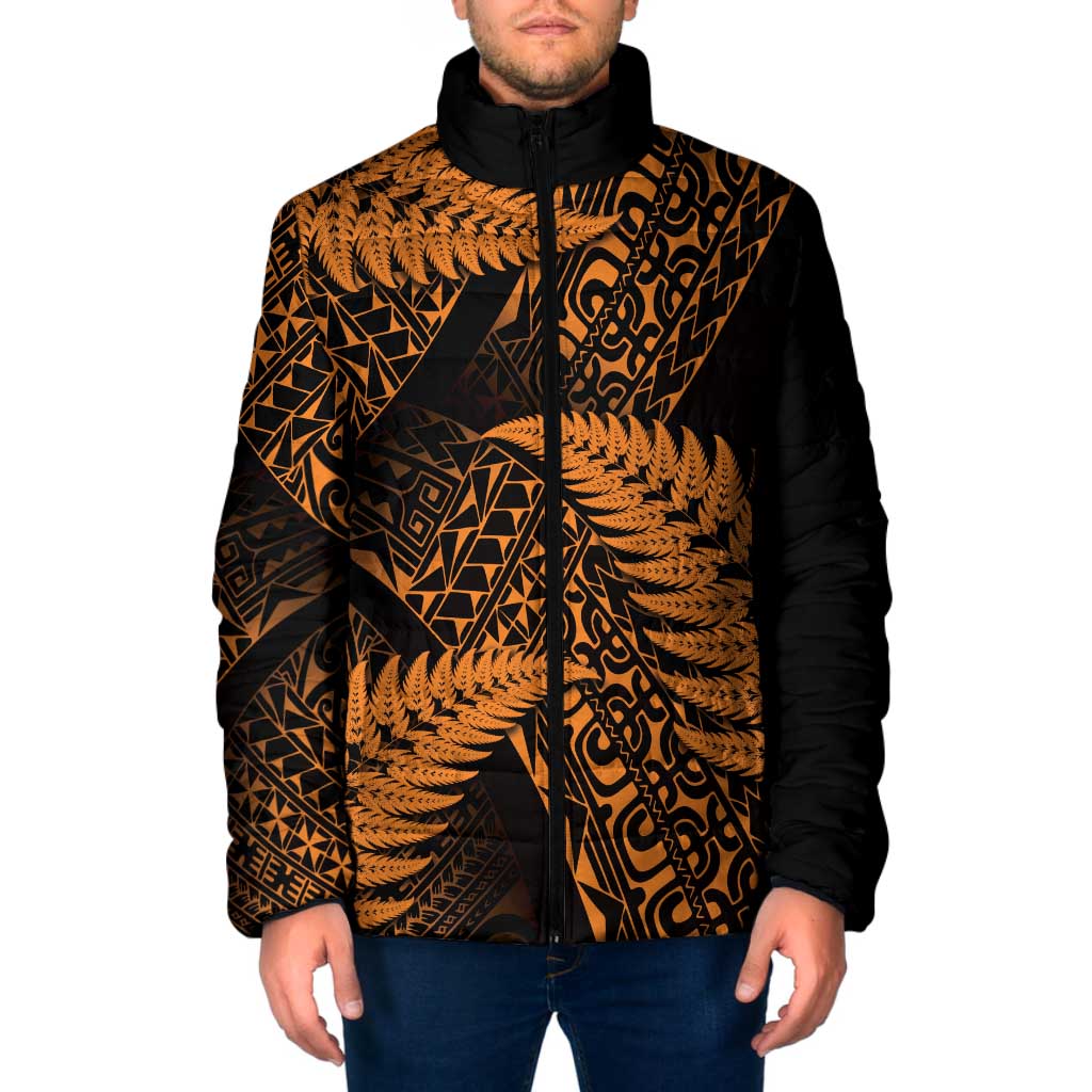 New Zealand Rugby Pacific Personalised Padded Jacket All Gold Maori Pasifika Fern Pattern - Polynesian Pride