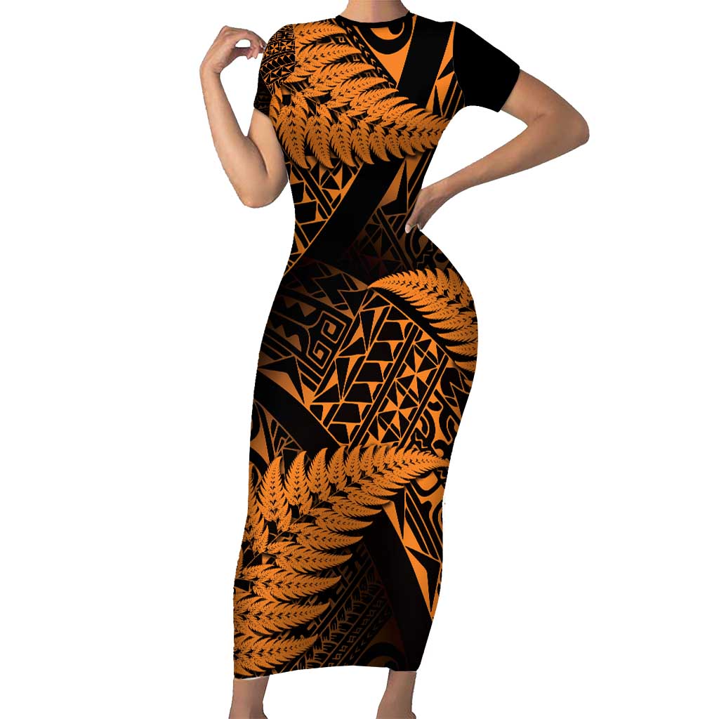 New Zealand Rugby Pacific Personalised Short Sleeve Bodycon Dress All Gold Maori Pasifika Fern Pattern