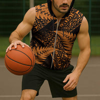 New Zealand Rugby Pacific Personalised Sleeveless Zip Hoodie All Gold Maori Pasifika Fern Pattern - Polynesian Pride