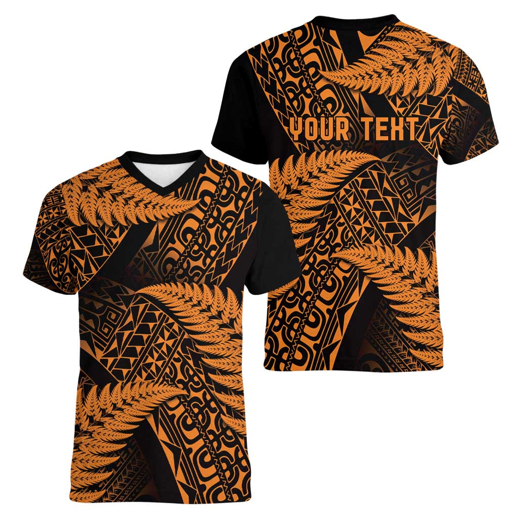 New Zealand Rugby Pacific Personalised Women V-Neck T-Shirt All Gold Maori Pasifika Fern Pattern