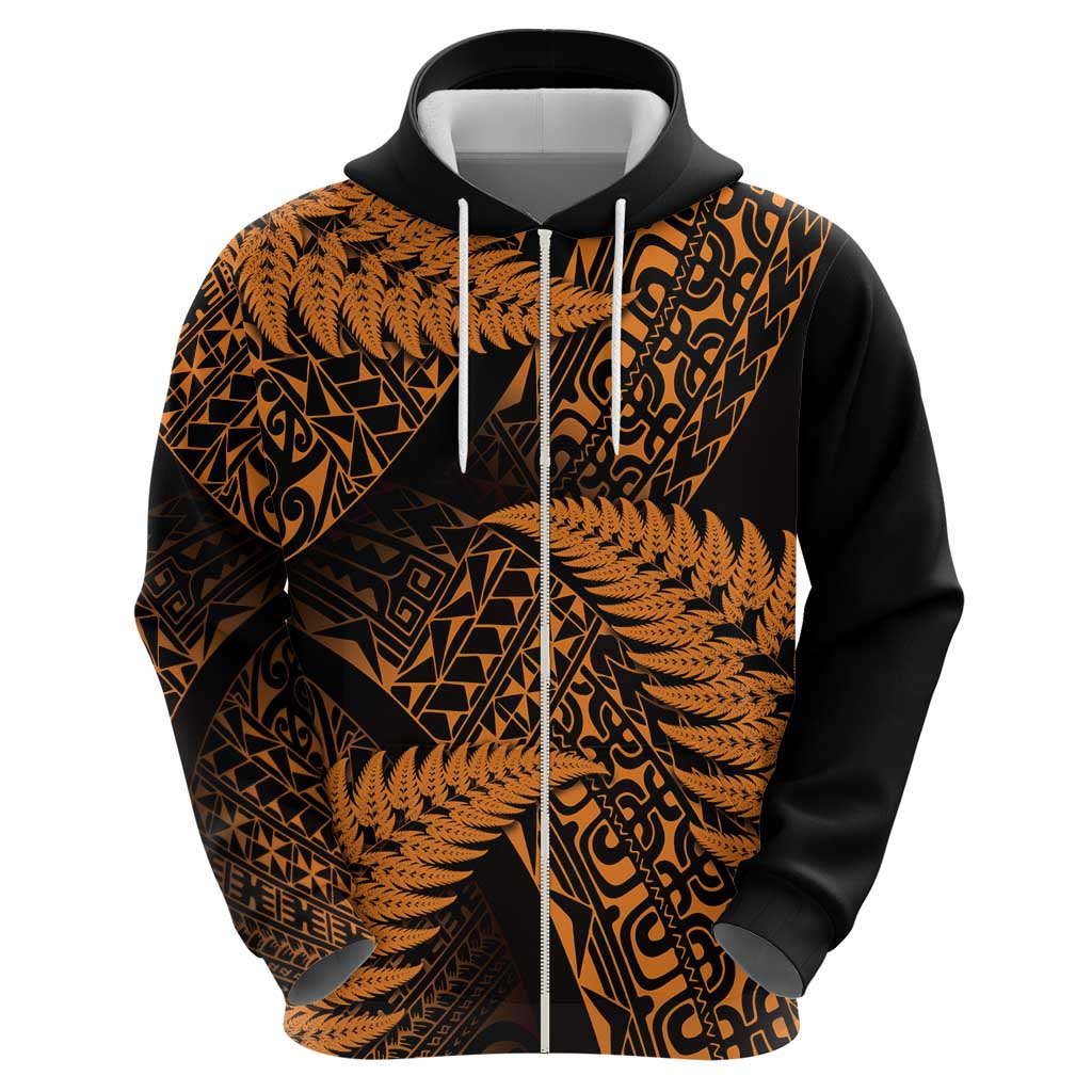 New Zealand Rugby Pacific Personalised Zip Hoodie All Gold Maori Pasifika Fern Pattern