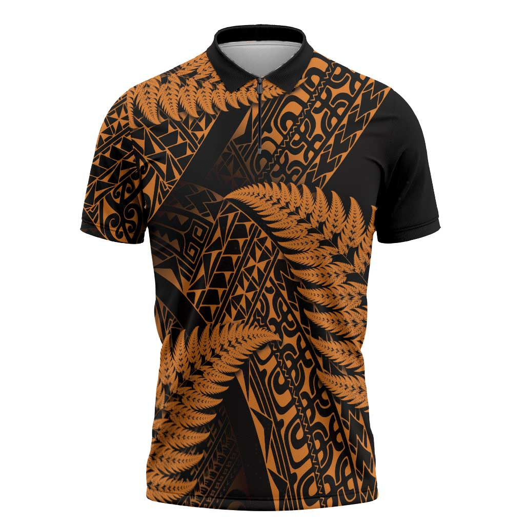 New Zealand Rugby Pacific Personalised Zipper Polo Shirt All Gold Maori Pasifika Fern Pattern - Polynesian Pride