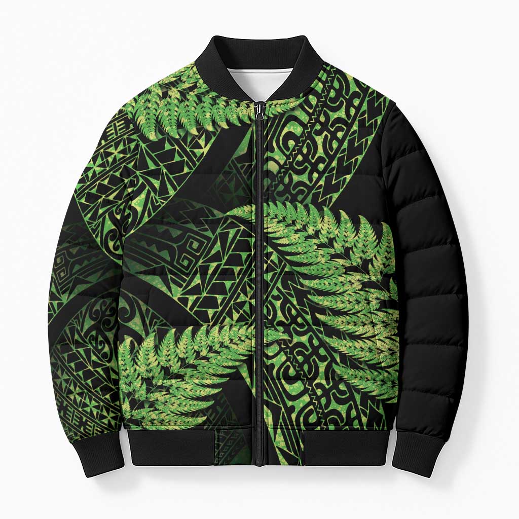 New Zealand Rugby Pacific Personalised Bomber Puffer Jacket All Lime Maori Pasifika Fern Pattern - Polynesian Pride