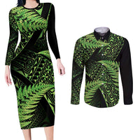 New Zealand Rugby Pacific Personalised Couples Matching Long Sleeve Bodycon Dress and Long Sleeve Button Shirt All Lime Maori Pasifika Fern Pattern