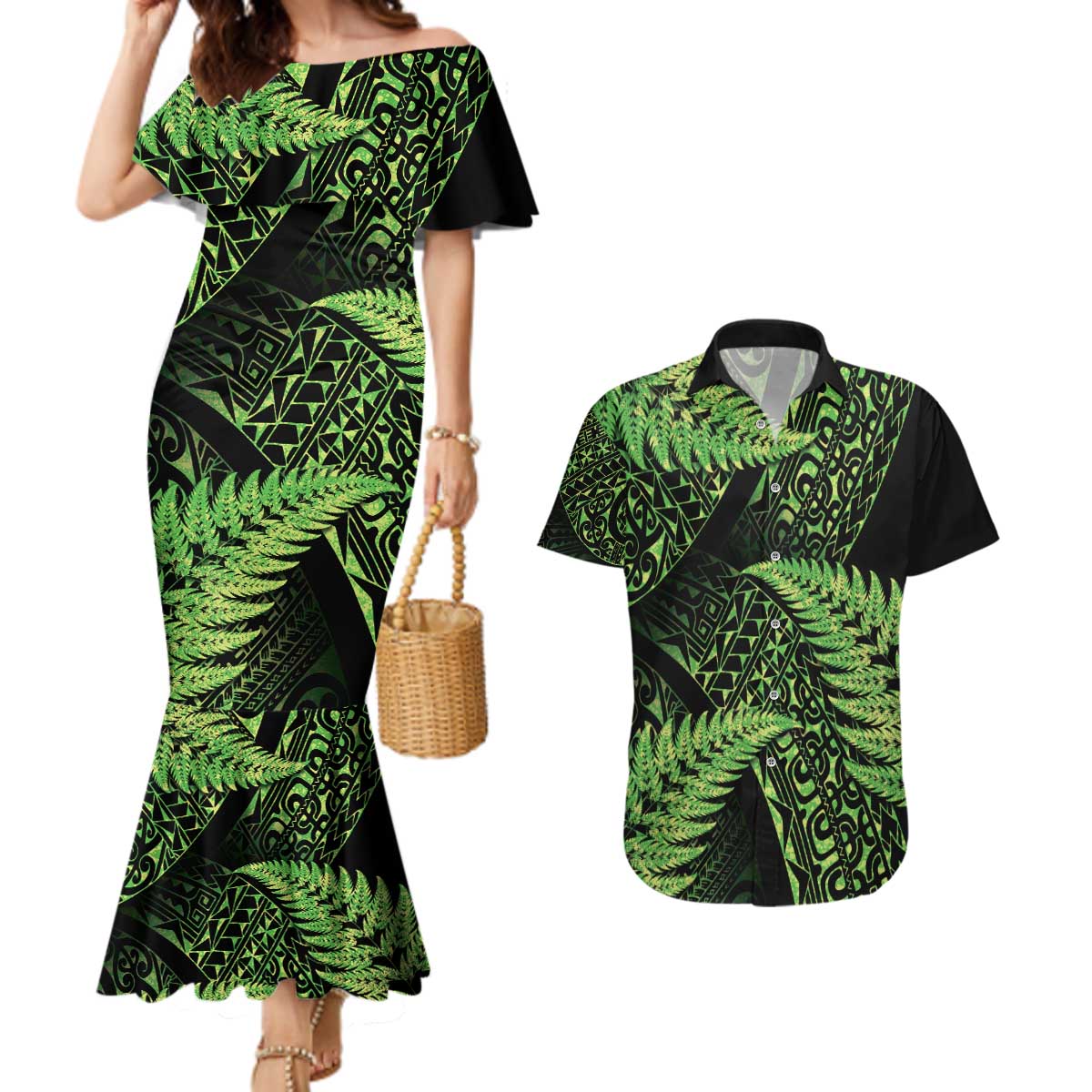 New Zealand Rugby Pacific Personalised Couples Matching Mermaid Dress and Hawaiian Shirt All Lime Maori Pasifika Fern Pattern