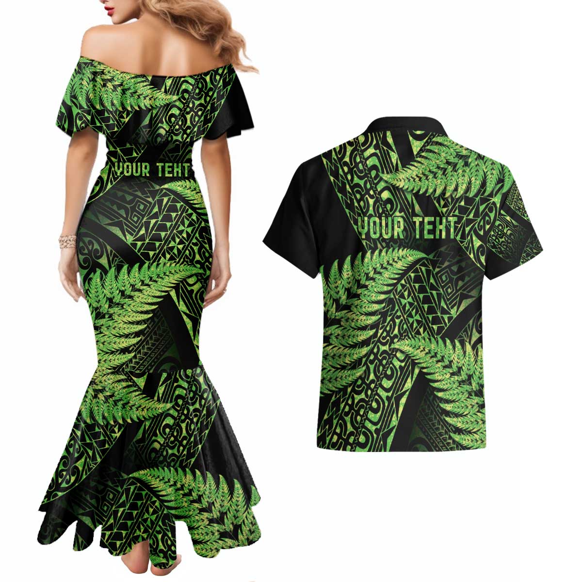 New Zealand Rugby Pacific Personalised Couples Matching Mermaid Dress and Hawaiian Shirt All Lime Maori Pasifika Fern Pattern