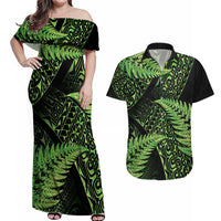 New Zealand Rugby Pacific Personalised Couples Matching Off Shoulder Maxi Dress and Hawaiian Shirt All Lime Maori Pasifika Fern Pattern