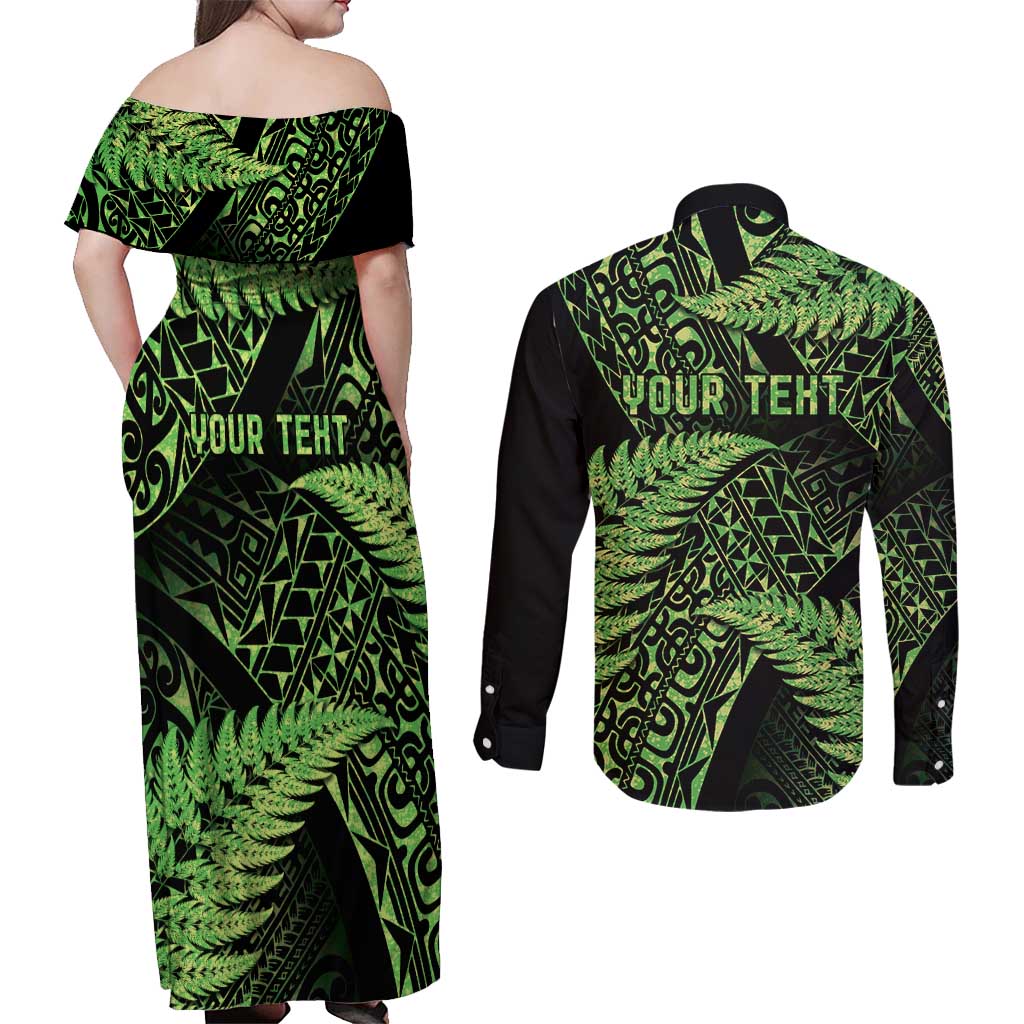 New Zealand Rugby Pacific Personalised Couples Matching Off Shoulder Maxi Dress and Long Sleeve Button Shirt All Lime Maori Pasifika Fern Pattern