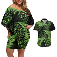 New Zealand Rugby Pacific Personalised Couples Matching Off Shoulder Short Dress and Hawaiian Shirt All Lime Maori Pasifika Fern Pattern