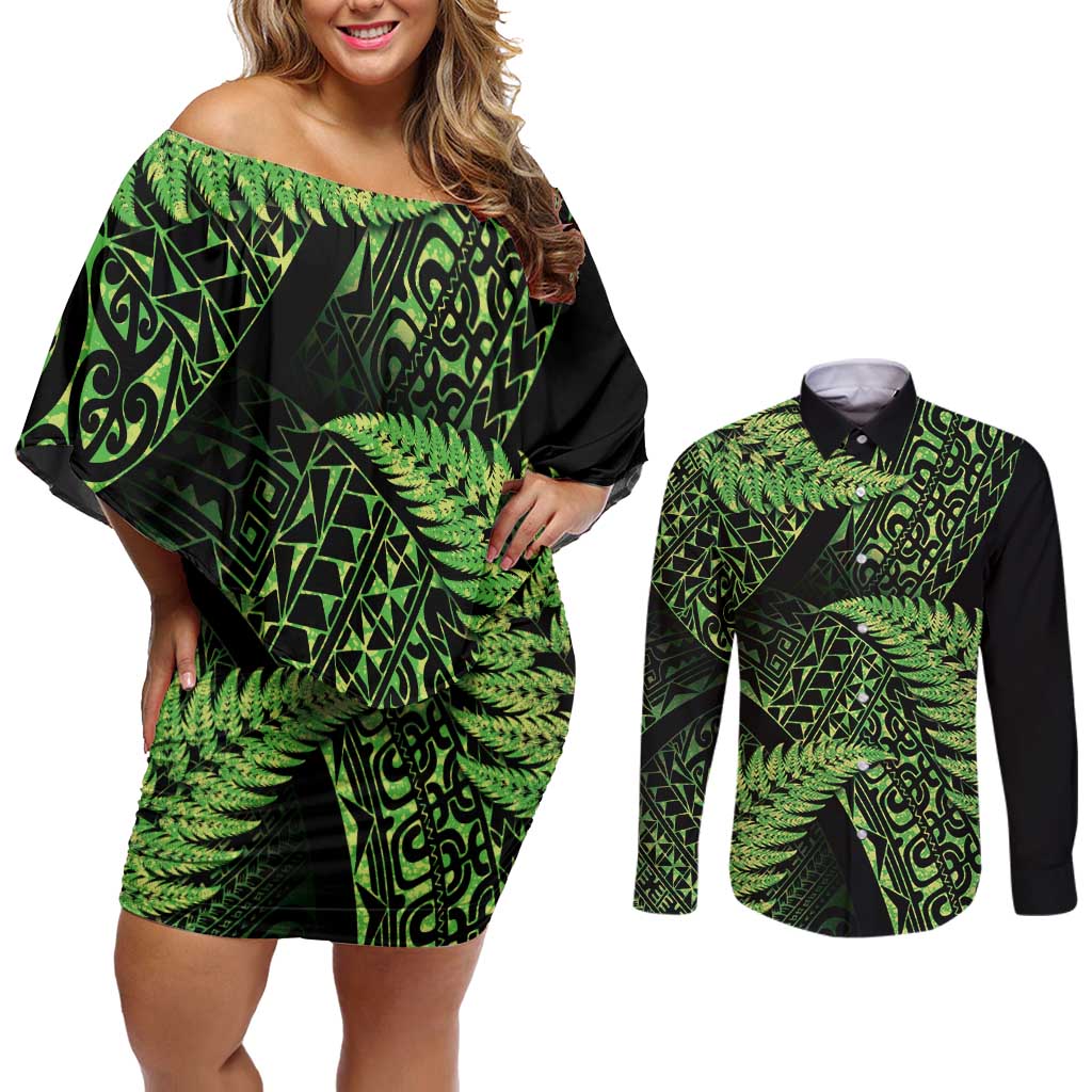New Zealand Rugby Pacific Personalised Couples Matching Off Shoulder Short Dress and Long Sleeve Button Shirt All Lime Maori Pasifika Fern Pattern